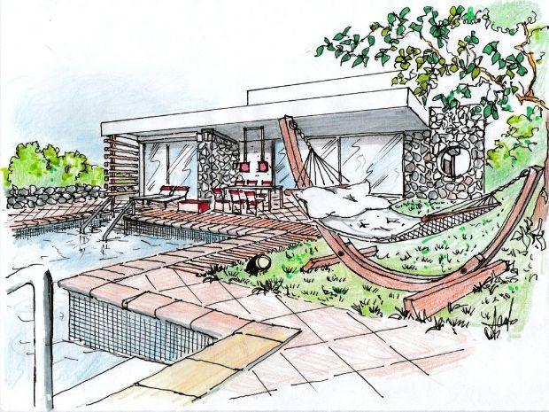 Disegno di amaca in giardino con piscina